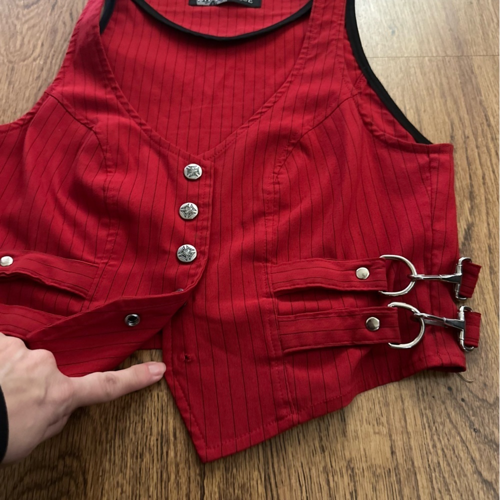 Lip Service Red Striped Vest size medium side buckles FLAWS - Picture 5 of 10